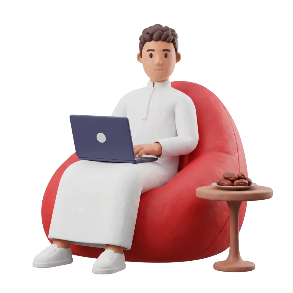 Full-body 3D scene of a male character in a white thawb seated on a red beanbag chair using a laptop on his lap, with a small side table holding a plate of dates and a black isolated background.