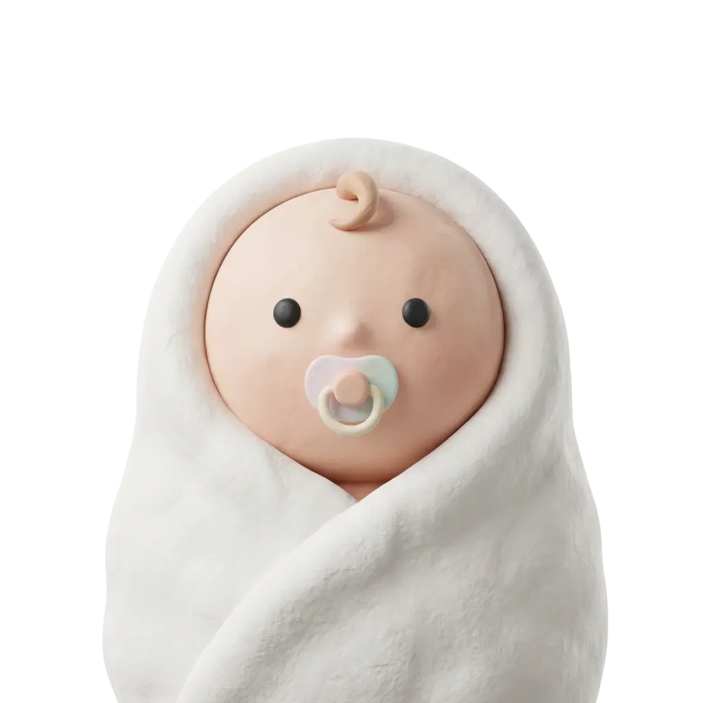 3D portrait bust of a baby wrapped in a white swaddle blanket with a pastel pacifier, a small curl on the forehead, round black eyes and a neutral expression, isolated on a transparent background. Soft clay-like texture with a simplified, cute aesthetic.