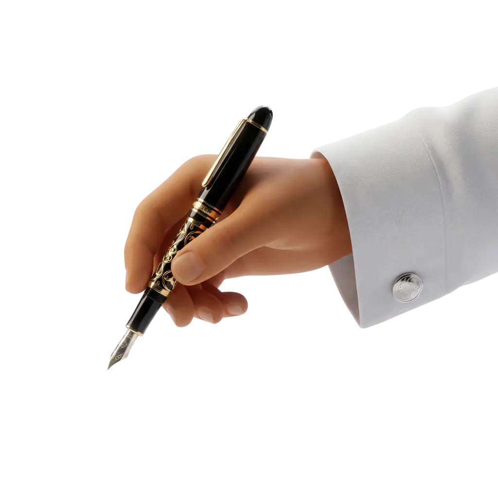 3D render of a realistic hand holding a black fountain pen with gold filigree and a silver nib, realistic skin shading and a crisp white shirt cuff with a silver cufflink; isolated on a black background.