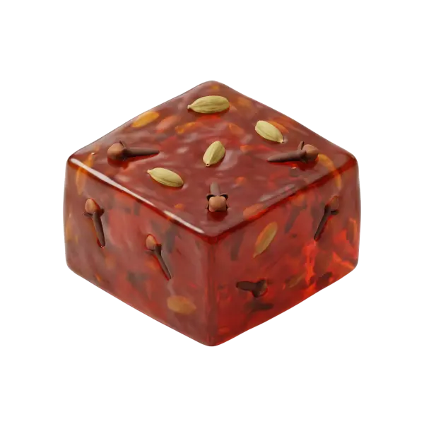 3D render of a square block of xalwo (Somali halwa) studded with green cardamom pods and whole cloves, glossy translucent reddish-brown texture on a black background.