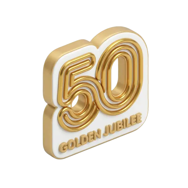 3D render of a glossy metallic gold '50' badge with layered tubular numerals on a rounded white plaque, gold-edged sides and embossed "GOLDEN JUBILEE" text; polished gold finish on numbers and matte white base, isolated on a black background.