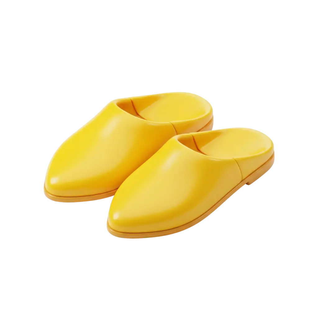 3D render of a pair of yellow babouche slippers with a smooth glossy leather-like finish, pointed toes and minimal seams, isolated render on a transparent background.