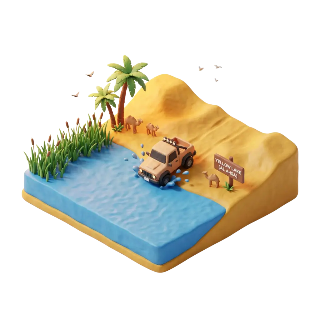 3D clay-style depiction of a small desert diorama showing a blue oasis lake bordered by reeds and palm trees, yellow sand dunes with camels, a pickup truck splashing at the shoreline, and a wooden sign reading “YELLOW LAKE (AL AHSA)” on a black background with soft studio lighting. Isometric perspective with isolated render and vivid, warm colors highlighting the contrast between water and sand.