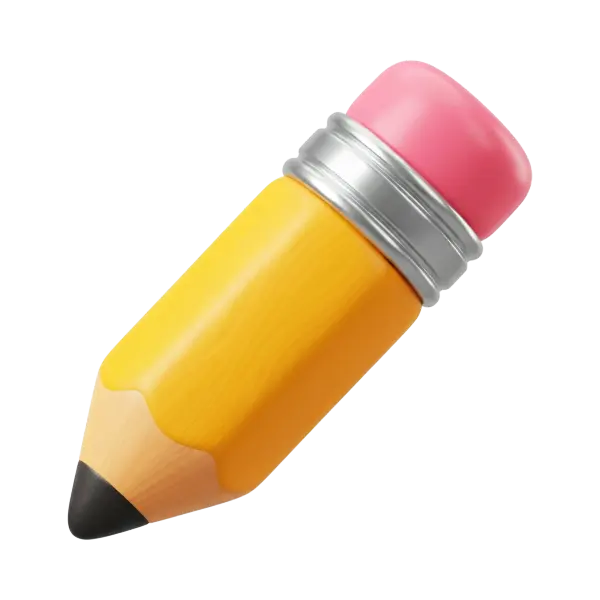 3D render of a short yellow wooden pencil with a pink eraser, silver metal ferrule, visible wooden bevel and black graphite tip, subtle glossy finish on a transparent background.