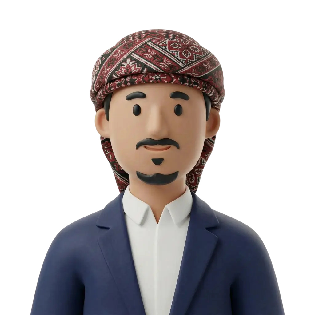 3D portrait bust of a Yemeni man wearing a patterned red turban (عمامة) and a navy blazer over a white shirt, with a trimmed mustache and small goatee. Frontal pose with a subtle smile and an isolated black background.