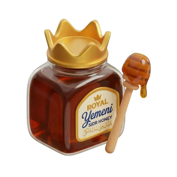 3D render of a square rounded glass jar filled with deep amber honey, topped by a gold crown-shaped lid and paired with a wooden honey dipper dripping honey, glossy finish, isolated on a black background.