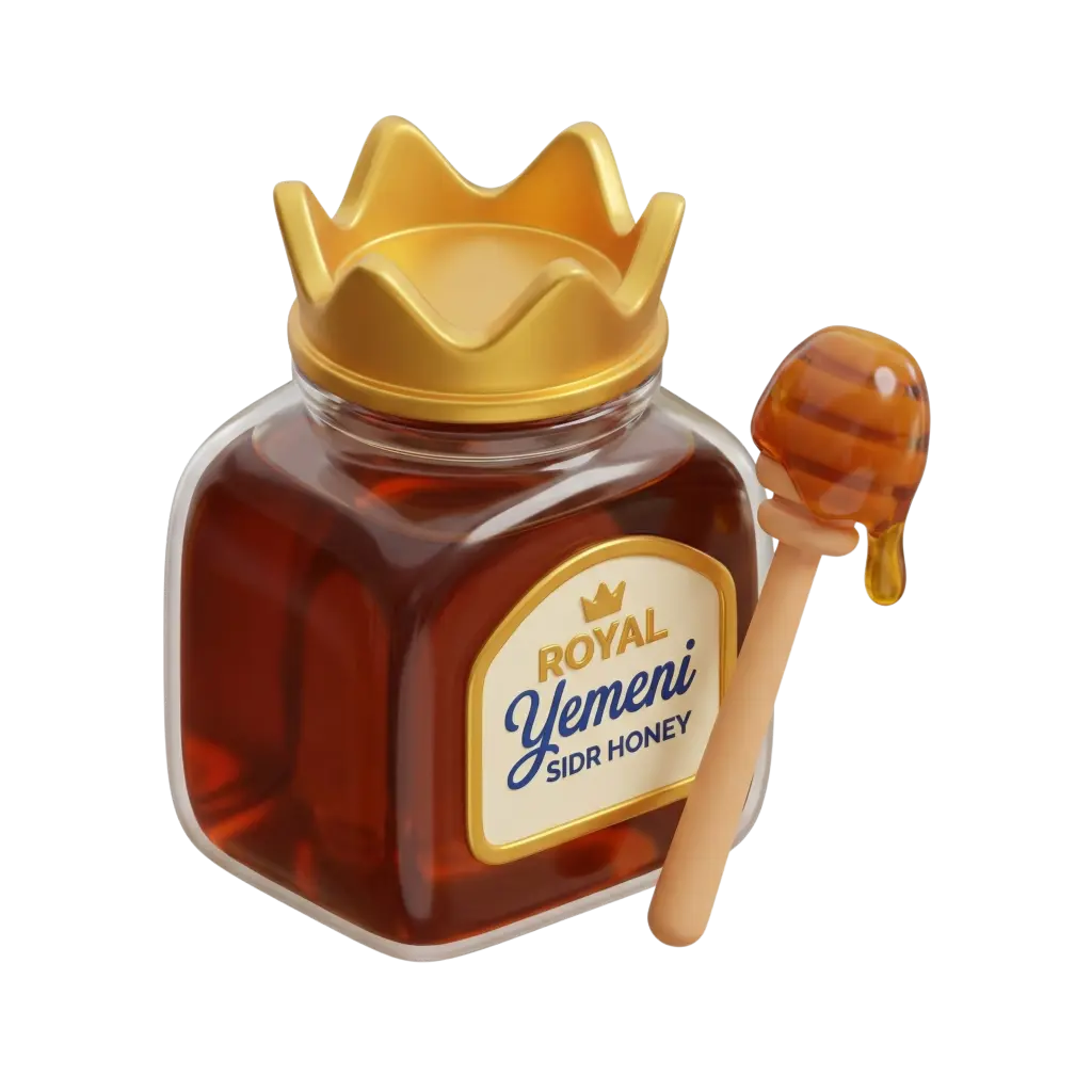 3D render of a square glass jar filled with dark amber honey, topped with a gold crown-shaped lid and a label reading "Royal Yemeni Sidr Honey". A wooden honey dipper with a drip of honey leans against the jar on a black background.