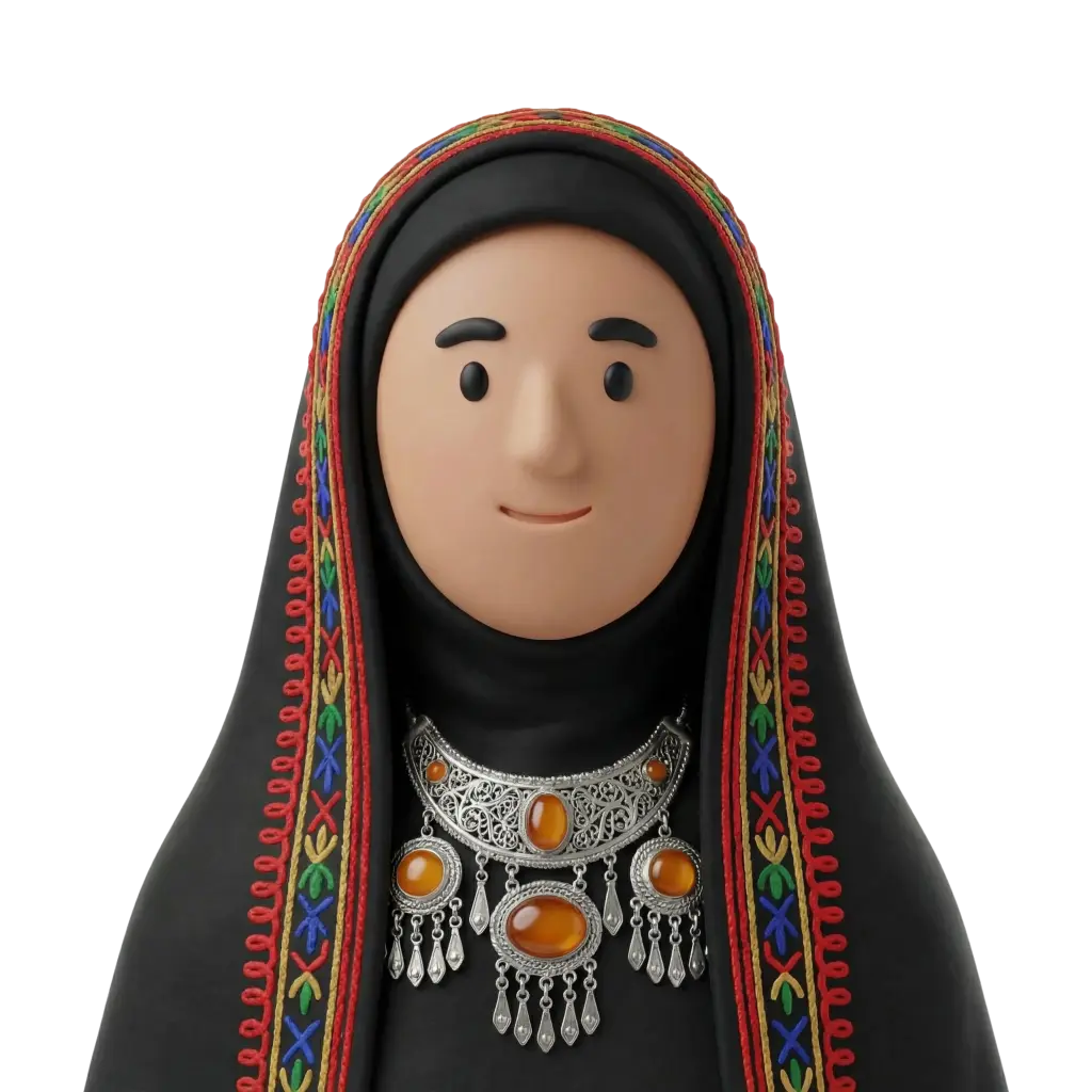 3D portrait bust of a Yemeni woman wearing a black hijab with colorful embroidered trim and a large ornate silver necklace set with amber stones; neutral smile, front-facing pose on a black background.