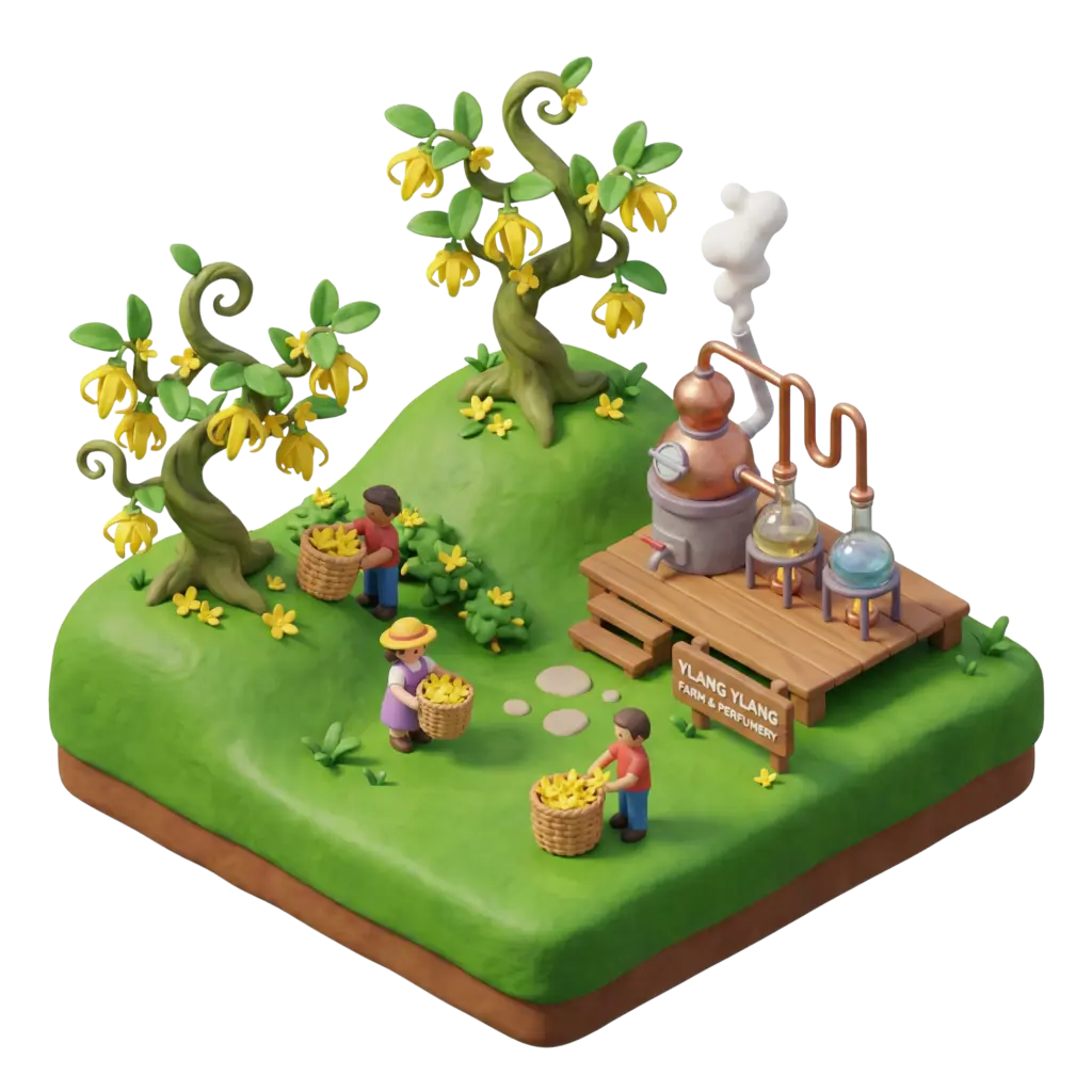 3D render of a small diorama of a ylang ylang plantation with twisted trees bearing hanging yellow flowers, three workers collecting blooms into wicker baskets, grassy mounds and a wooden perfumery platform with copper stills emitting steam; isometric perspective and soft studio lighting on a transparent background.