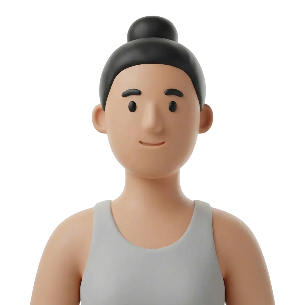 3D portrait bust of a young female yoga practitioner with black hair tied in a top bun, wearing a light grey tank top, neutral smile and simple rounded facial features, front-facing on a transparent/black background.