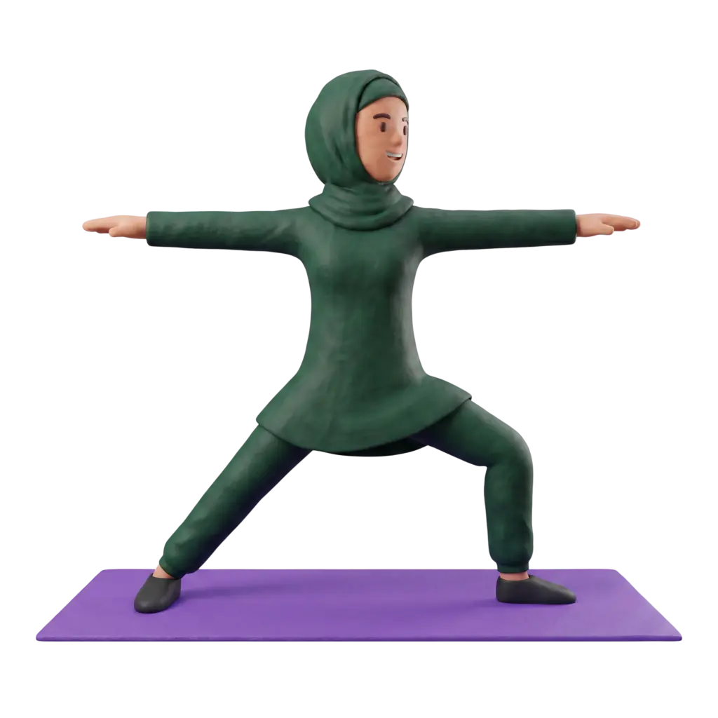 Full-body 3D scene of a single female character wearing a green hijab and matching activewear performing a warrior yoga pose with arms extended on a purple yoga mat. Isolated render on a transparent/black background.