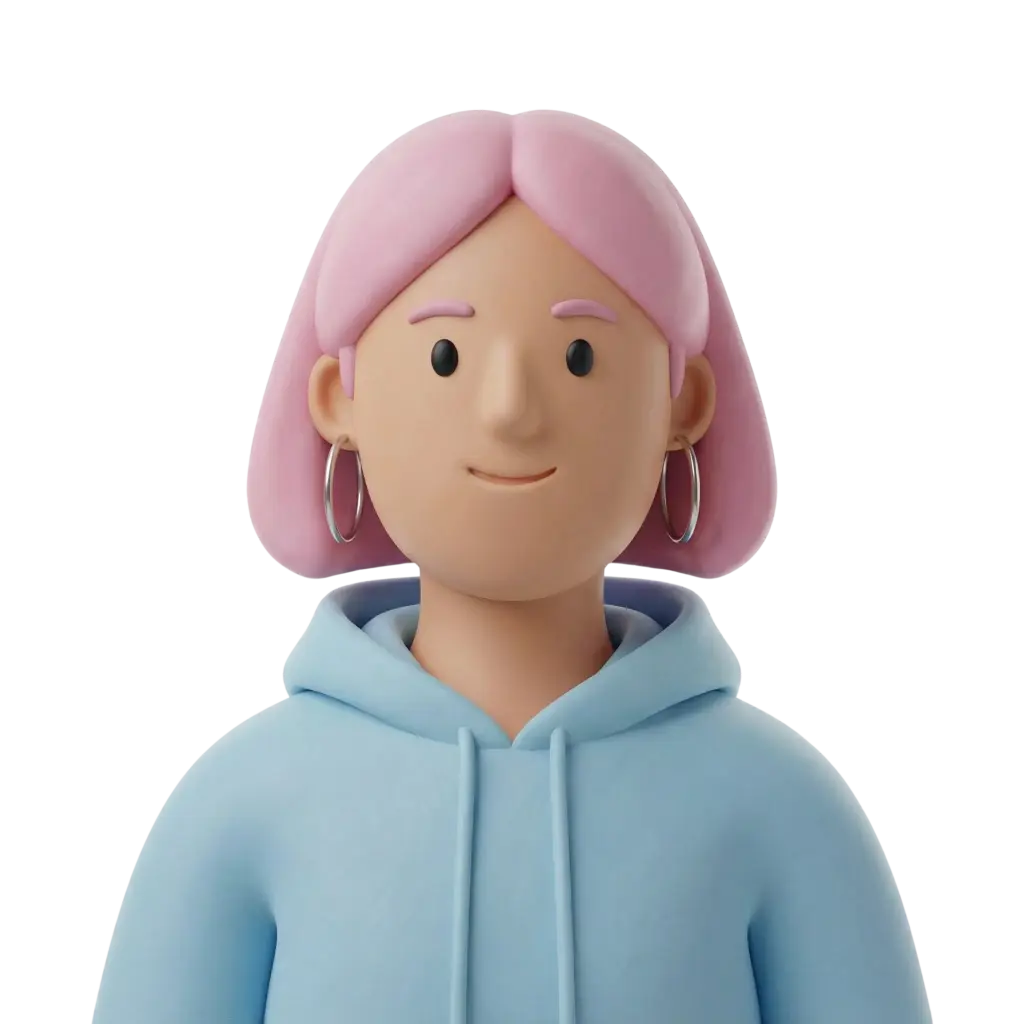 3D portrait bust of a young female with pastel pink bob hair, silver hoop earrings, wearing a light blue hoodie, neutral smile and forward-facing pose against a black background.