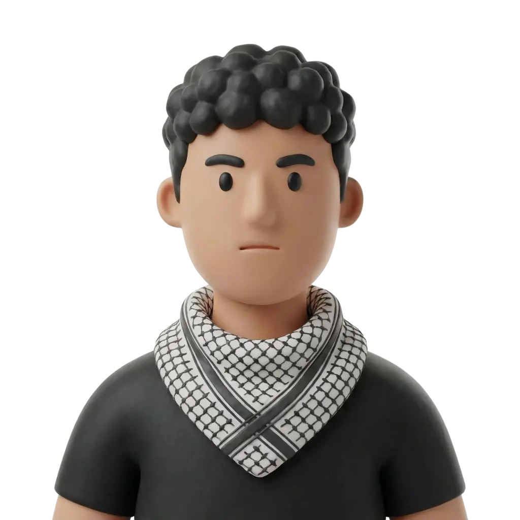 3D portrait bust of a young male with short curly black hair, wearing a black-and-white patterned keffiyeh (kufiya) draped around his neck and a plain dark t-shirt, facing forward with a neutral serious expression. Isolated render on a dark background with matte finish and no visible accessories.
