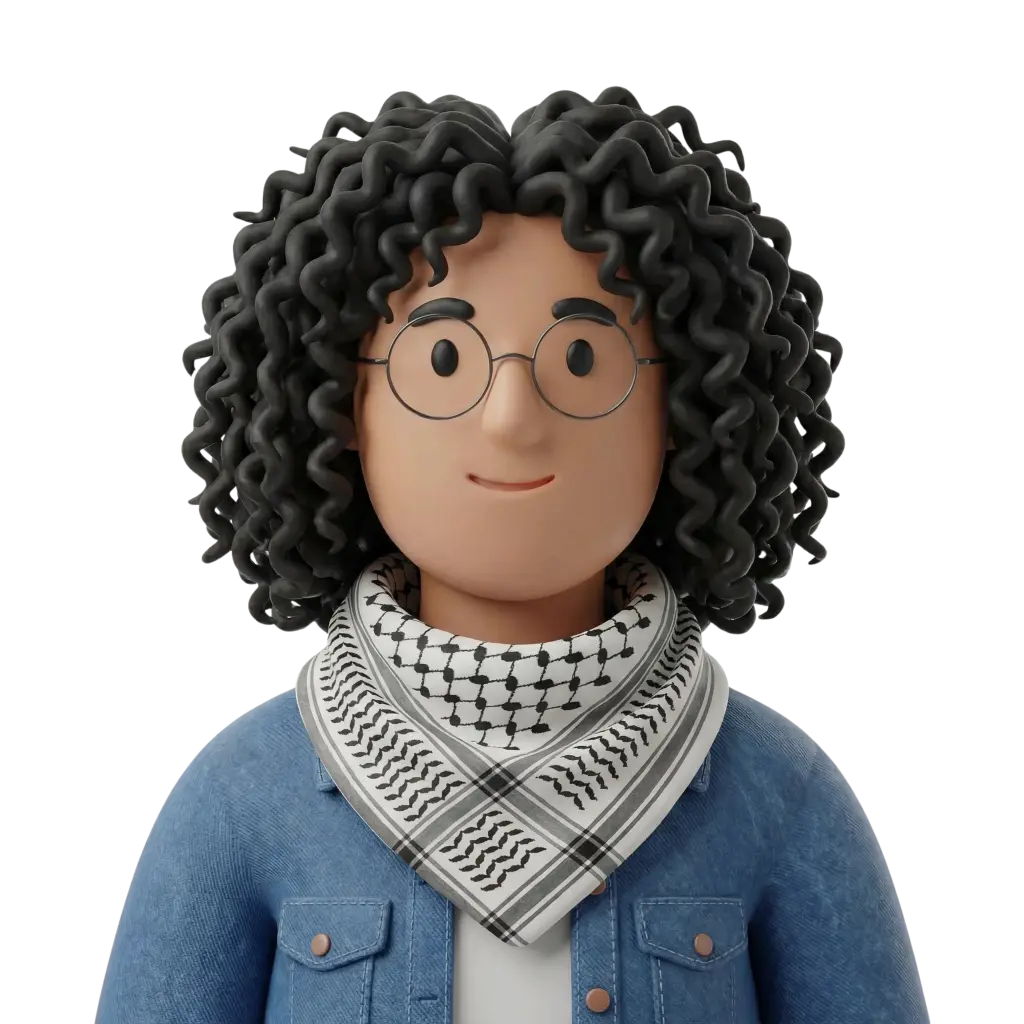 3D portrait bust of a young male university student with curly black hair and round glasses, wearing a blue denim jacket and a black-and-white Palestinian keffiyeh, neutral smile, facing forward on an isolated dark background.