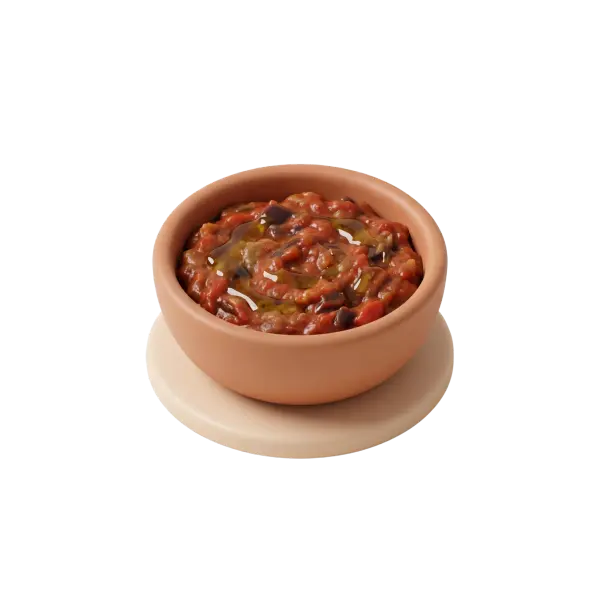 3D render of a terracotta bowl filled with chunky zaalouk (eggplant and tomato salad) topped with a drizzle of olive oil, showing glossy red-brown and purple vegetable pieces and a saucy texture on a light saucer against a black background.