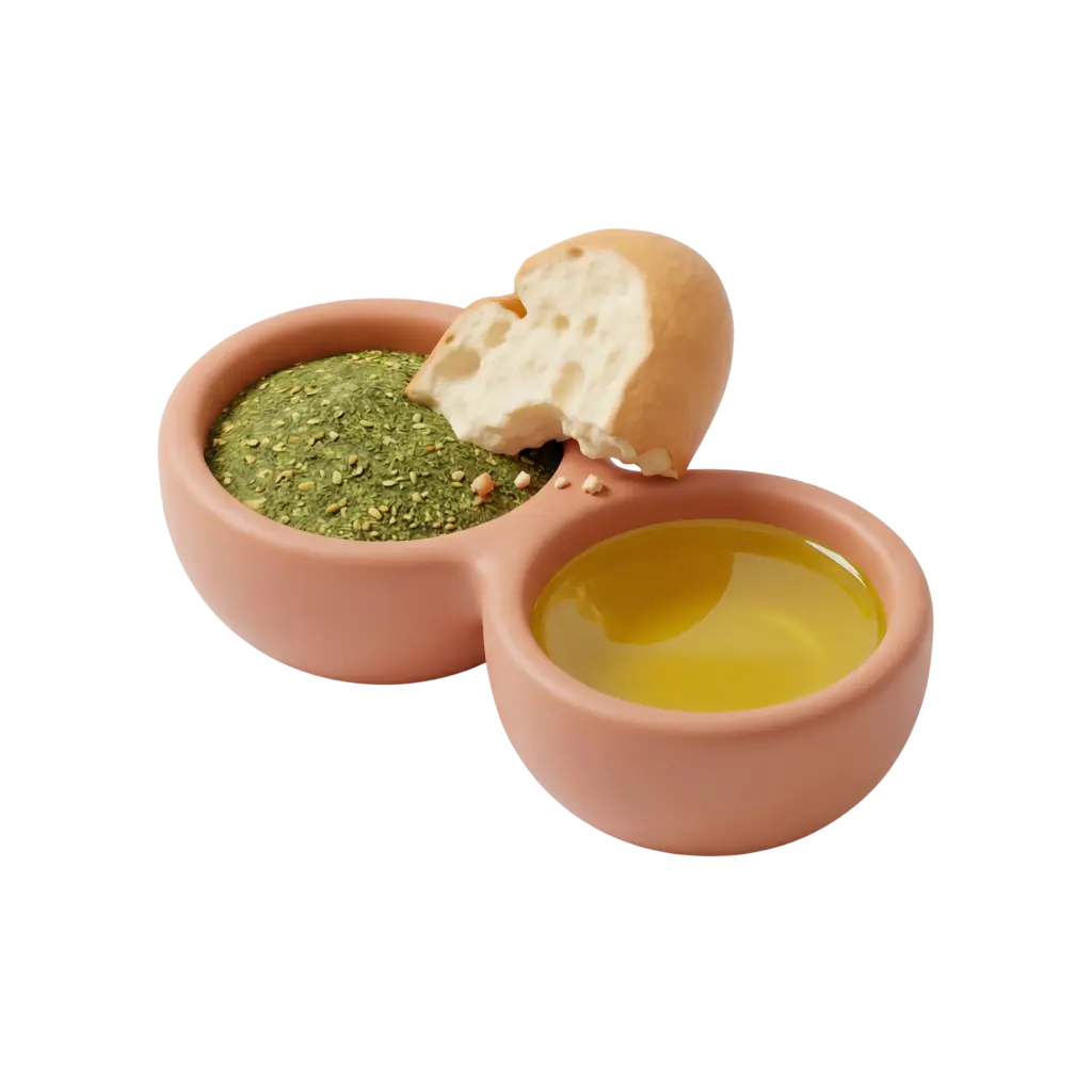 Close-up of two connected pink ceramic bowls — one filled with green zaatar mix sprinkled with sesame seeds and the other with golden olive oil, with a bitten piece of bread resting on the rim; isolated on transparent background.