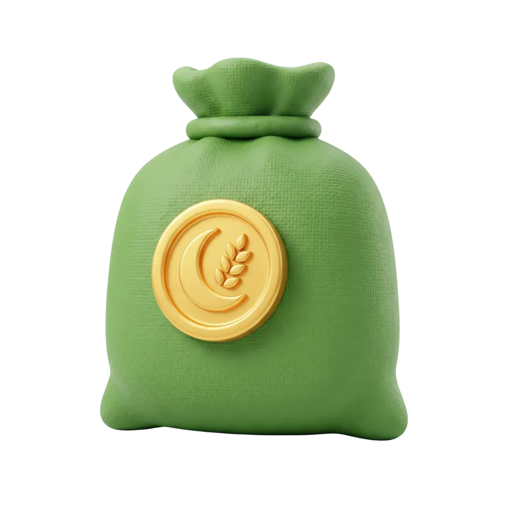 3D render of a green fabric money sack with a subtle woven texture, tied at the top and decorated with a glossy gold medallion embossed with a crescent and wheat motif; isolated on a transparent background.