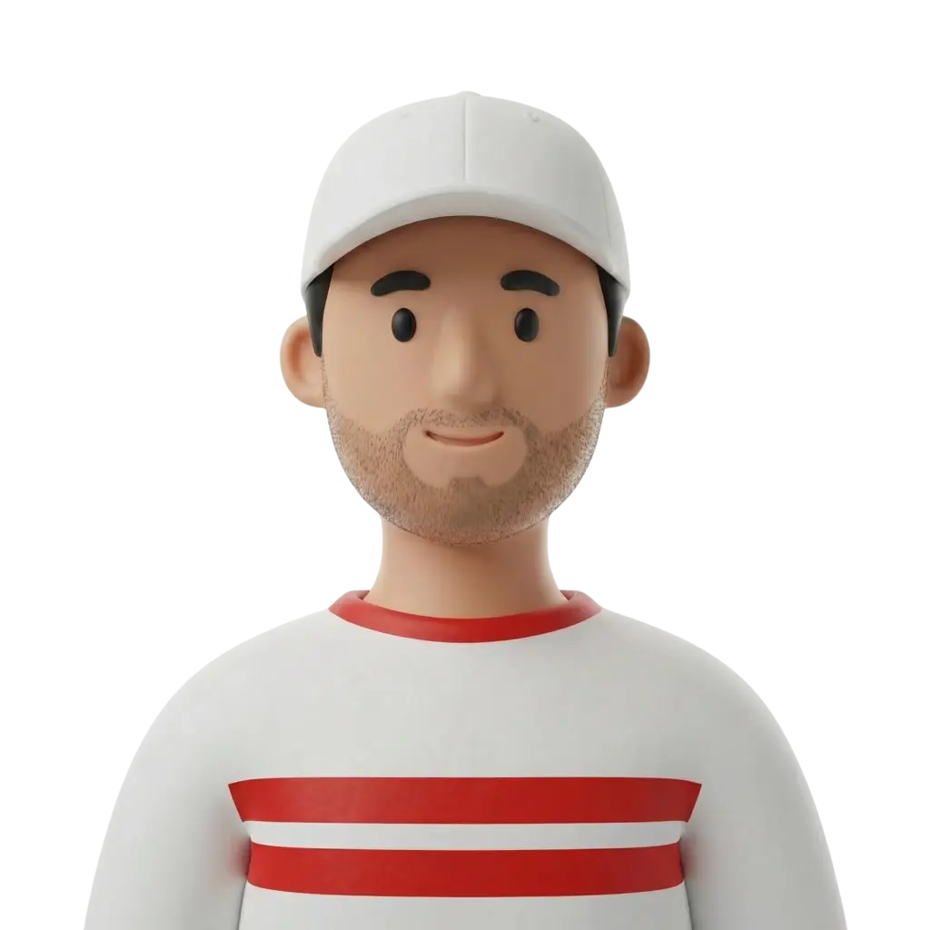3D portrait bust of a young male Zamalek football fan wearing a white baseball cap and a white shirt with two red horizontal stripes, light stubble and a subtle smile. Front-facing pose with a neutral expression, isolated on a black background.