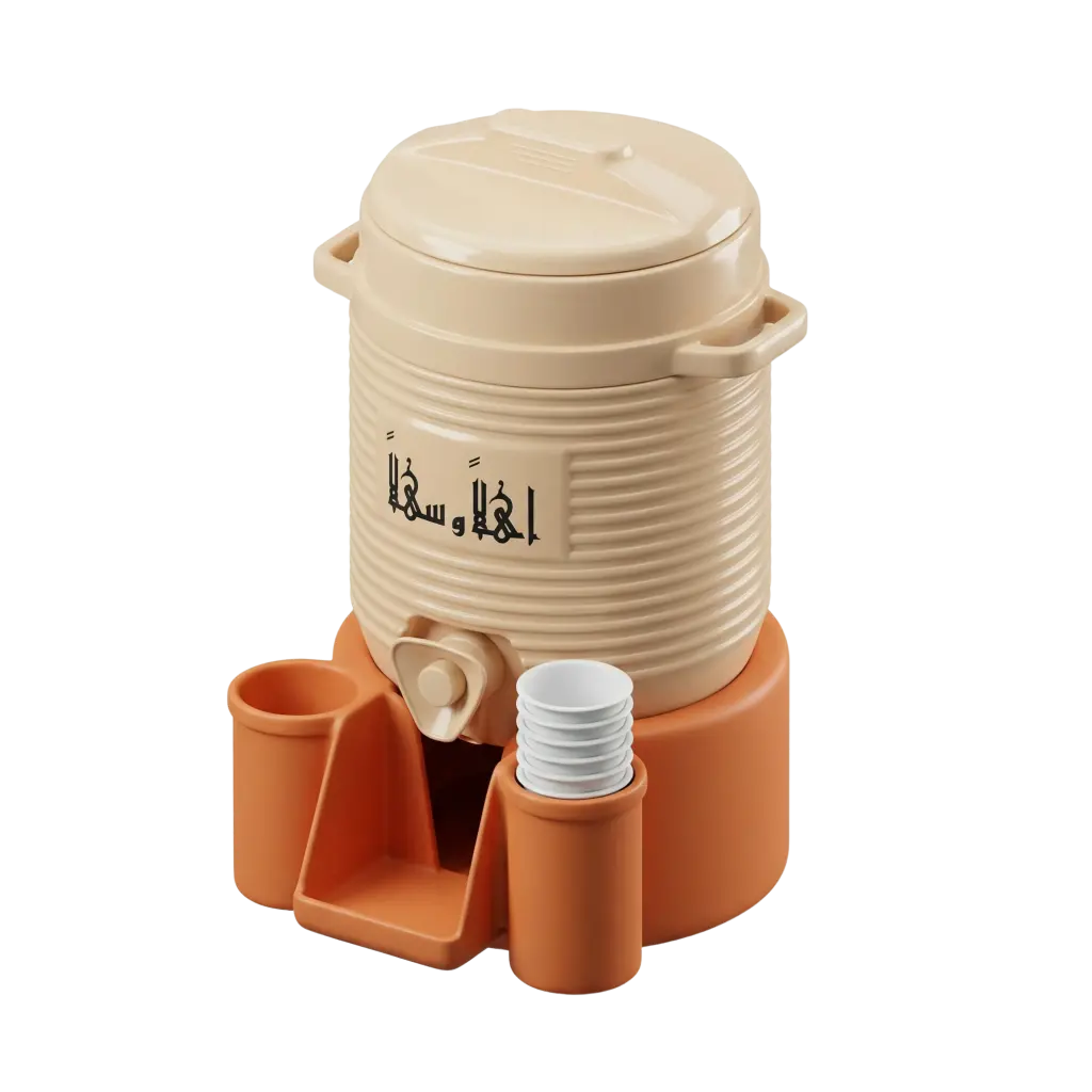 3D render of a beige ribbed plastic Zamzam water dispenser with an orange base, integrated cup holders and a stack of white disposable cups, glossy plastic finish, isolated transparent background.