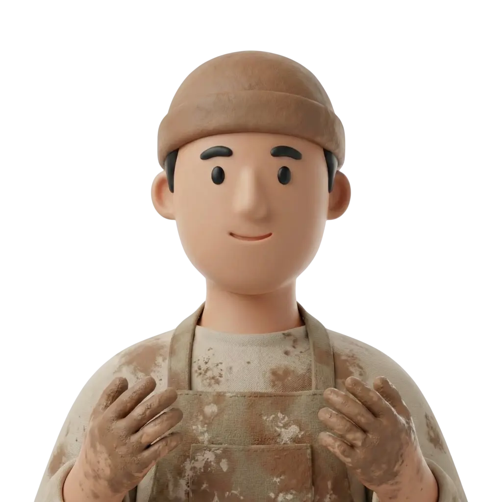 3D portrait bust of a male artisan wearing a brown cap and a beige, clay-stained apron over a light shirt; his hands are covered in wet clay and held forward with a gentle smile, isolated on a black background.