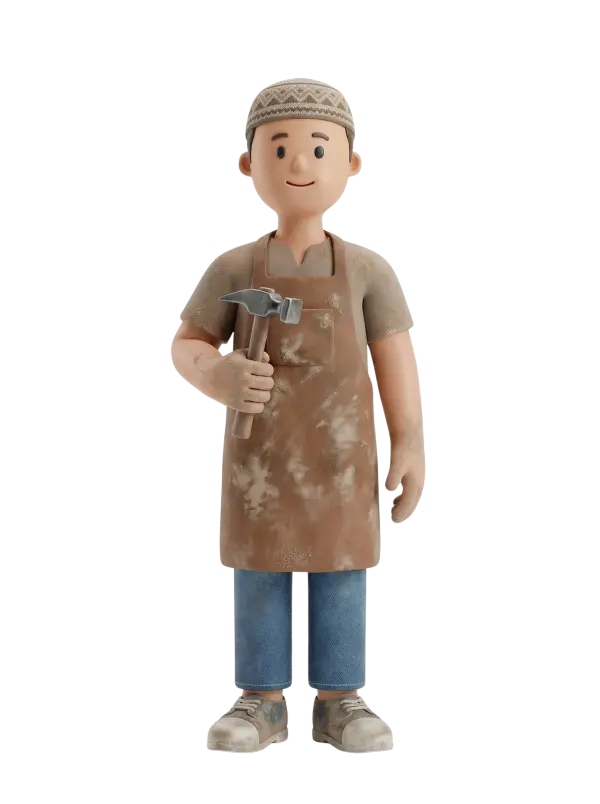 Full-body 3D character of a male zellige tile craftsman wearing a patterned skullcap, short-sleeve shirt and a worn brown work apron stained with plaster, holding a hammer, with dusty jeans and work sneakers, smiling in a relaxed pose against a transparent black background.