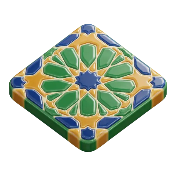 3D render of a square zellige tile with rounded corners, glossy glazed ceramic finish in green, blue and yellow, featuring a raised geometric star-and-petal mosaic pattern; isolated on a transparent background.