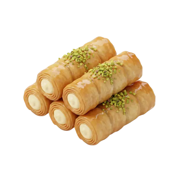 3D render of stacked golden-brown rolled pastries filled with pale cream, glazed with syrup and sprinkled with chopped green pistachios, isolated on a black background.