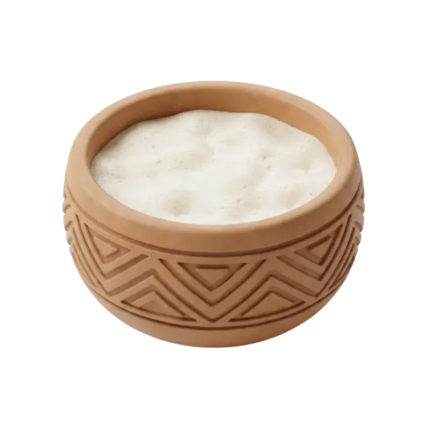 3D render of a terracotta patterned bowl filled with a frothy white camel milk drink, visible foam texture and small air bubbles, isolated on a dark transparent background.